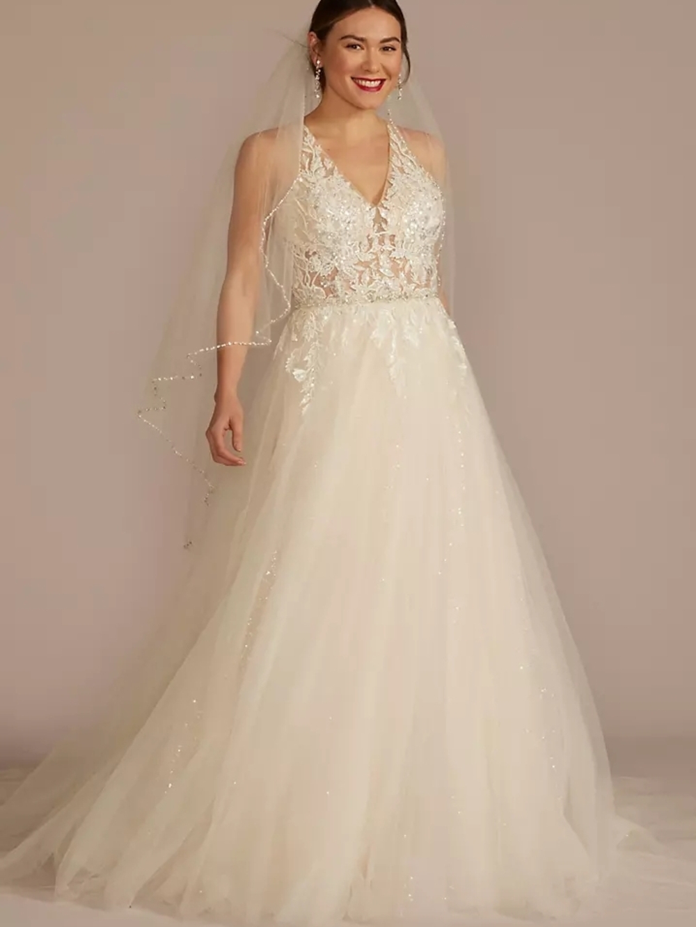 David Bridal Illusion Halter Beaded Lace A-Line Wedding Dress
